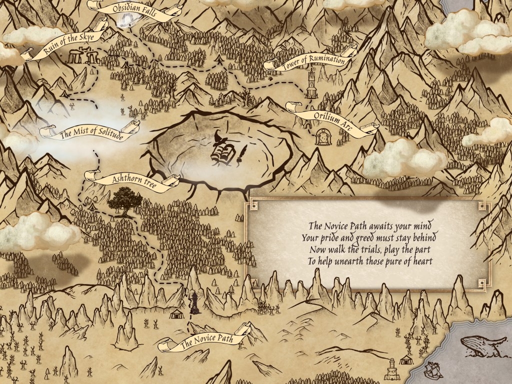 Map of The Novice Path with destinations: Ashthorn Tree, The Mist of Solitude, Ruin of the Skye, Obsidian Falls, Tower of Rumination, and Orilium Arc.
Text on map reads: The Novice Path awaits your mind, your pride and greed must stay behind. Now walk the trials, play the part to help unearth those pure of heart.
