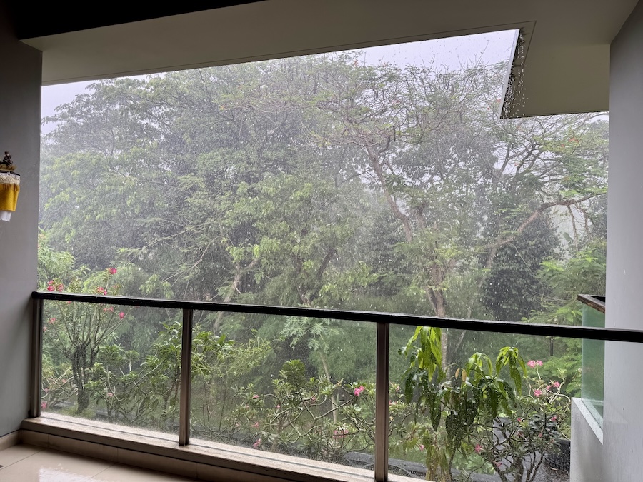 A photo of a covered balcony looking out over plants and trees and the heavily pouring rain!
