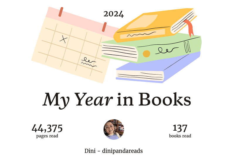 The image shows the year 2024 at the top with an illustration of a calendar and a stack of three  books followed by the title: My Year in Books. The stats below show Dini - dinipandareads has read 44,375 pages and 137 books.